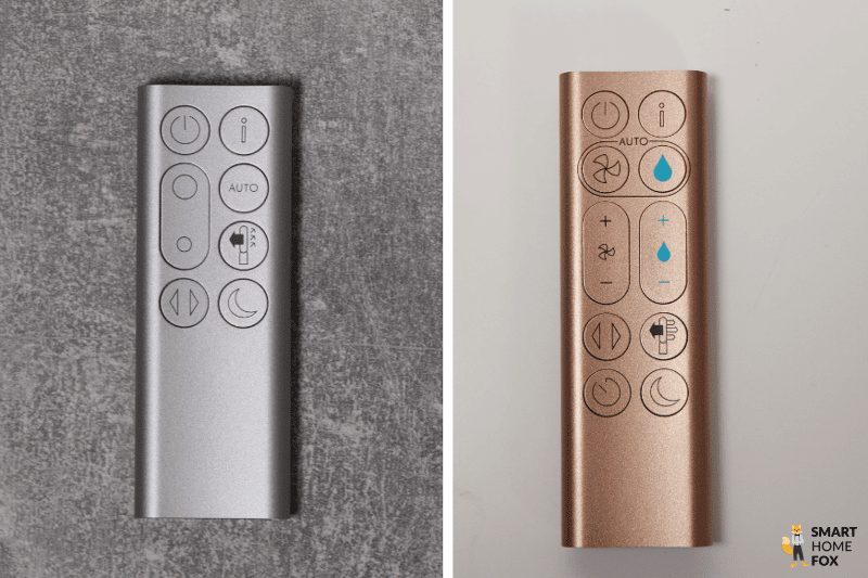 Пульт дистанционного управления от башенного вентилятора Dyson и увлажнителя и очистителя воздуха Humidify+Cool лежат рядом в сравнении